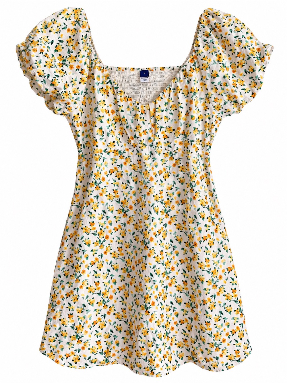 Old Navy White Floral Puff-Sleeve Dress Top - Yellow & Green